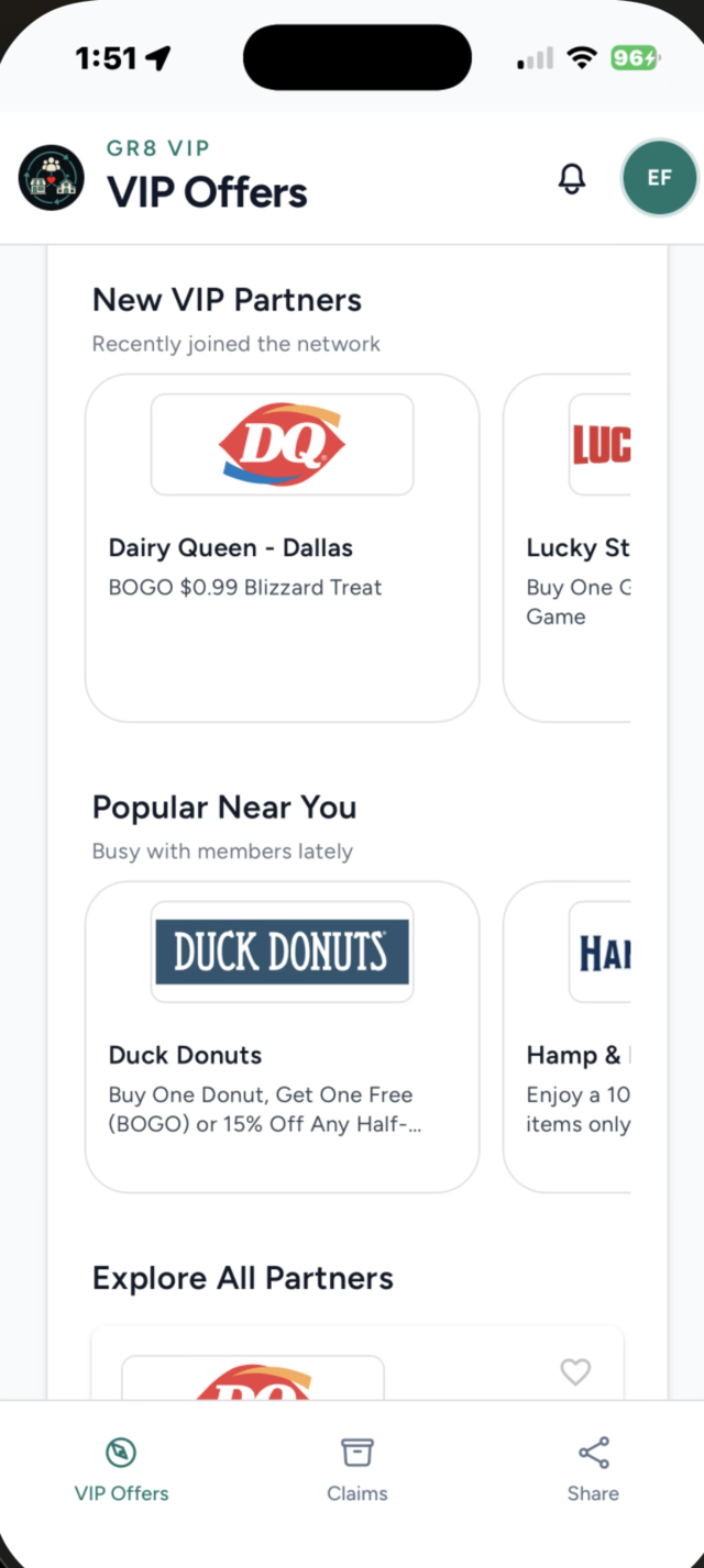 GR8 VIP member app partner directory listing participating local businesses and their offers